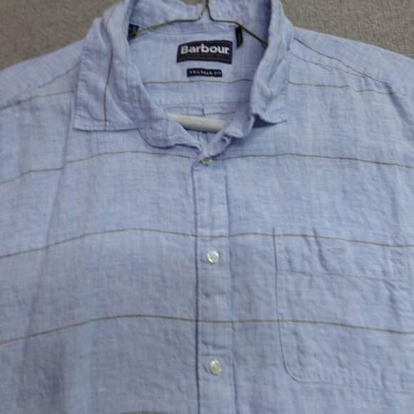Barbour Mens Shirt XL Blue Plaid Short Sleeve 100% Linen Petteril - Picture 2 of 9